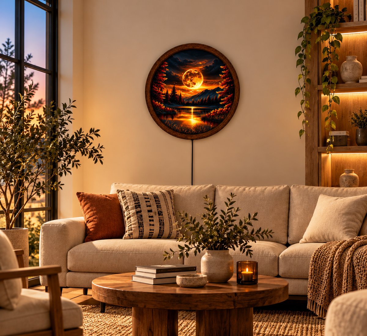 Glowing Golden Moon LED Wall Art, Fantasy Mountain Lake Landscape, Round Lighted Wall Decor, Mystical Forest Wall Lamp, Bedroom Gift