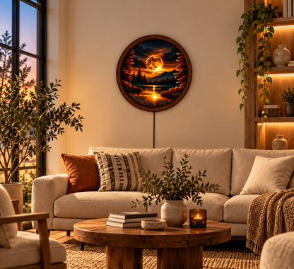 Glowing Golden Moon LED Wall Art, Fantasy Mountain Lake Landscape, Round Lighted Wall Decor, Mystical Forest Wall Lamp, Bedroom Gift
