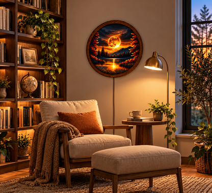 Glowing Golden Moon LED Wall Art, Fantasy Mountain Lake Landscape, Round Lighted Wall Decor, Mystical Forest Wall Lamp, Bedroom Gift