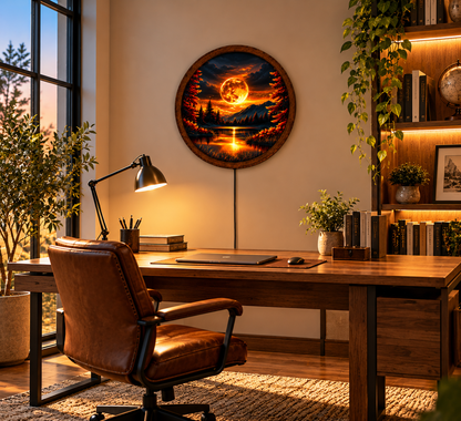 Glowing Golden Moon LED Wall Art, Fantasy Mountain Lake Landscape, Round Lighted Wall Decor, Mystical Forest Wall Lamp, Bedroom Gift