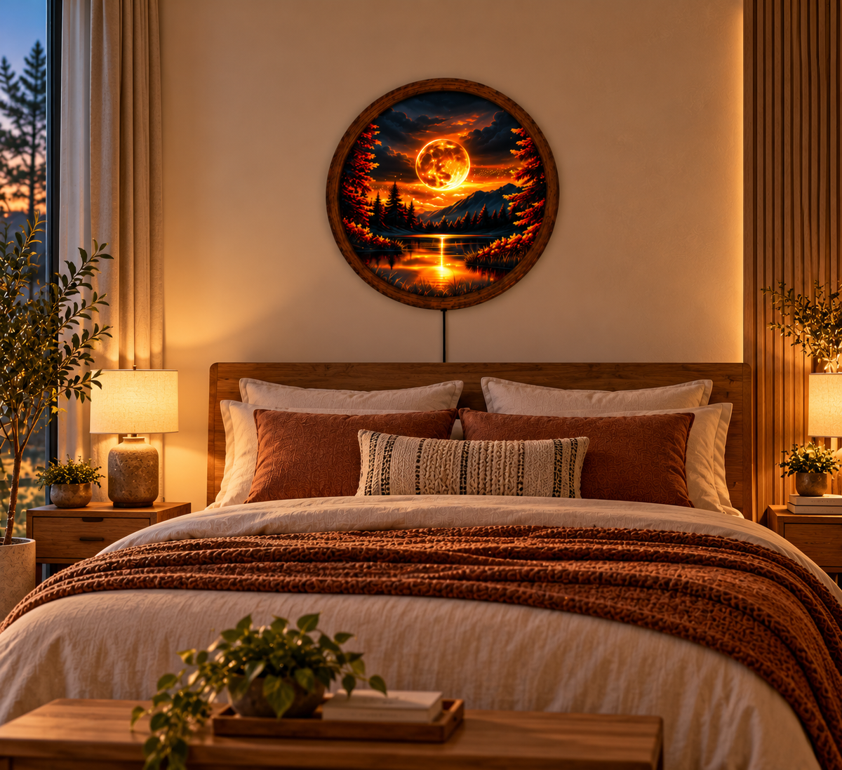Glowing Golden Moon LED Wall Art, Fantasy Mountain Lake Landscape, Round Lighted Wall Decor, Mystical Forest Wall Lamp, Bedroom Gift