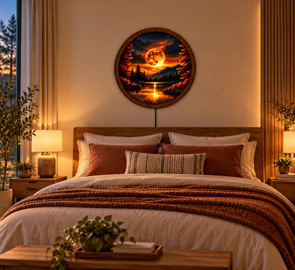 Glowing Golden Moon LED Wall Art, Fantasy Mountain Lake Landscape, Round Lighted Wall Decor, Mystical Forest Wall Lamp, Bedroom Gift