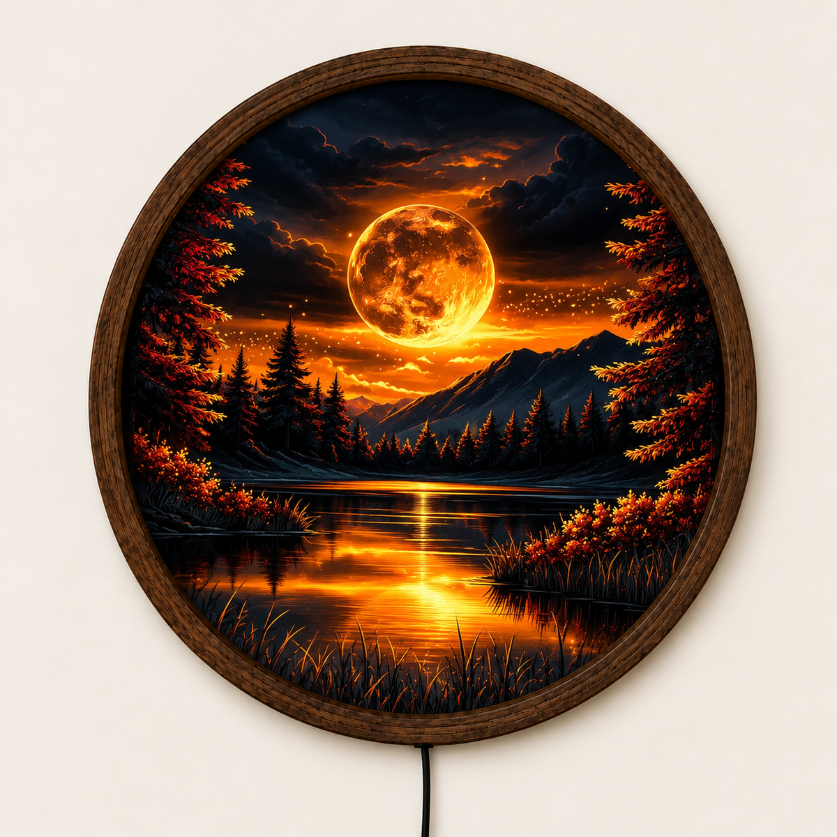 Glowing Golden Moon LED Wall Art, Fantasy Mountain Lake Landscape, Round Lighted Wall Decor, Mystical Forest Wall Lamp, Bedroom Gift