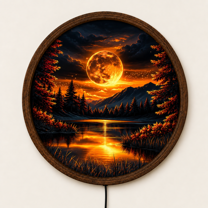 Glowing Golden Moon LED Wall Art, Fantasy Mountain Lake Landscape, Round Lighted Wall Decor, Mystical Forest Wall Lamp, Bedroom Gift