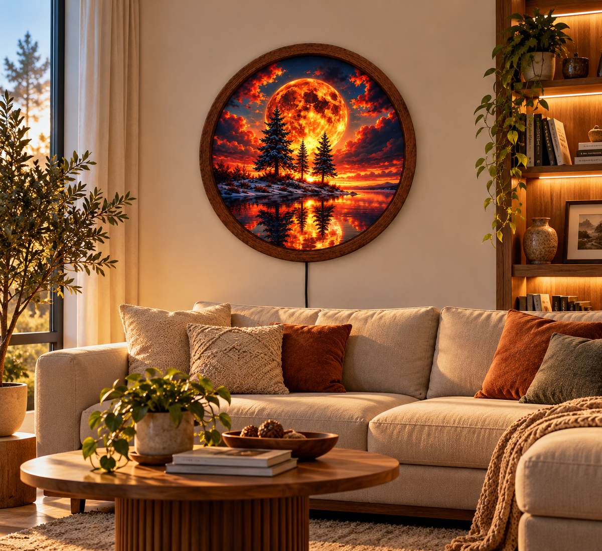 Fiery Moon LED Wall Art, Glowing Red Moon Forest Lake Landscape, Round Lighted Wall Decor, Fantasy Nature Wall Lamp, Bedroom Gift