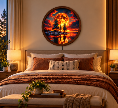 Fiery Moon LED Wall Art, Glowing Red Moon Forest Lake Landscape, Round Lighted Wall Decor, Fantasy Nature Wall Lamp, Bedroom Gift
