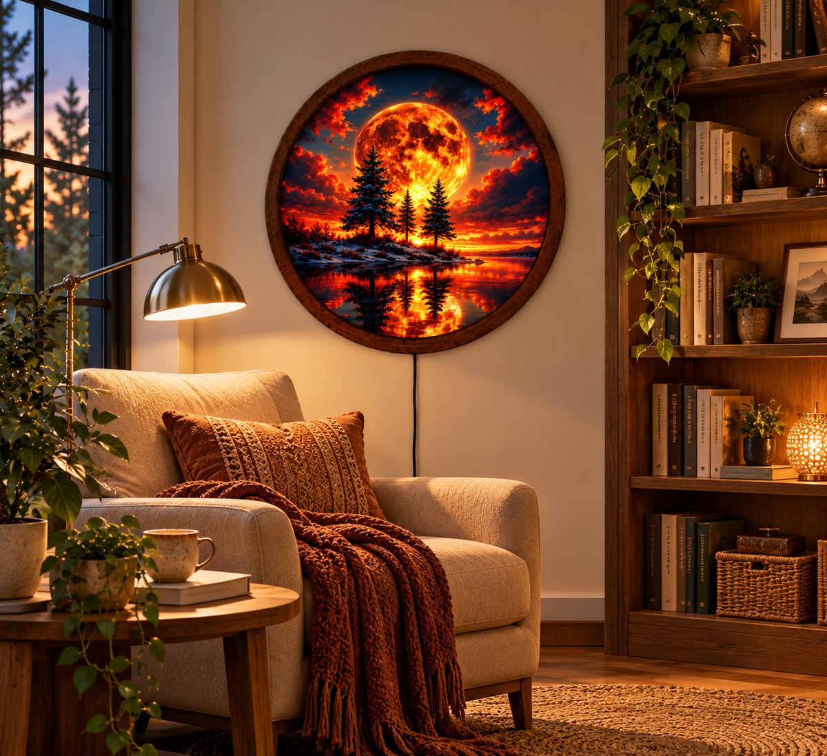 Fiery Moon LED Wall Art, Glowing Red Moon Forest Lake Landscape, Round Lighted Wall Decor, Fantasy Nature Wall Lamp, Bedroom Gift