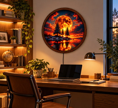 Fiery Moon LED Wall Art, Glowing Red Moon Forest Lake Landscape, Round Lighted Wall Decor, Fantasy Nature Wall Lamp, Bedroom Gift