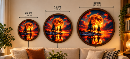 Fiery Moon LED Wall Art, Glowing Red Moon Forest Lake Landscape, Round Lighted Wall Decor, Fantasy Nature Wall Lamp, Bedroom Gift