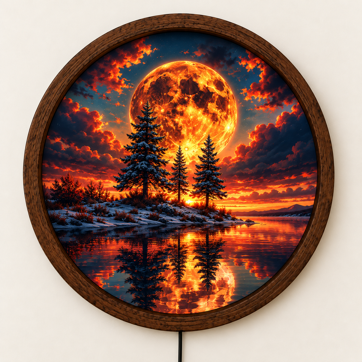 Fiery Moon LED Wall Art, Glowing Red Moon Forest Lake Landscape, Round Lighted Wall Decor, Fantasy Nature Wall Lamp, Bedroom Gift