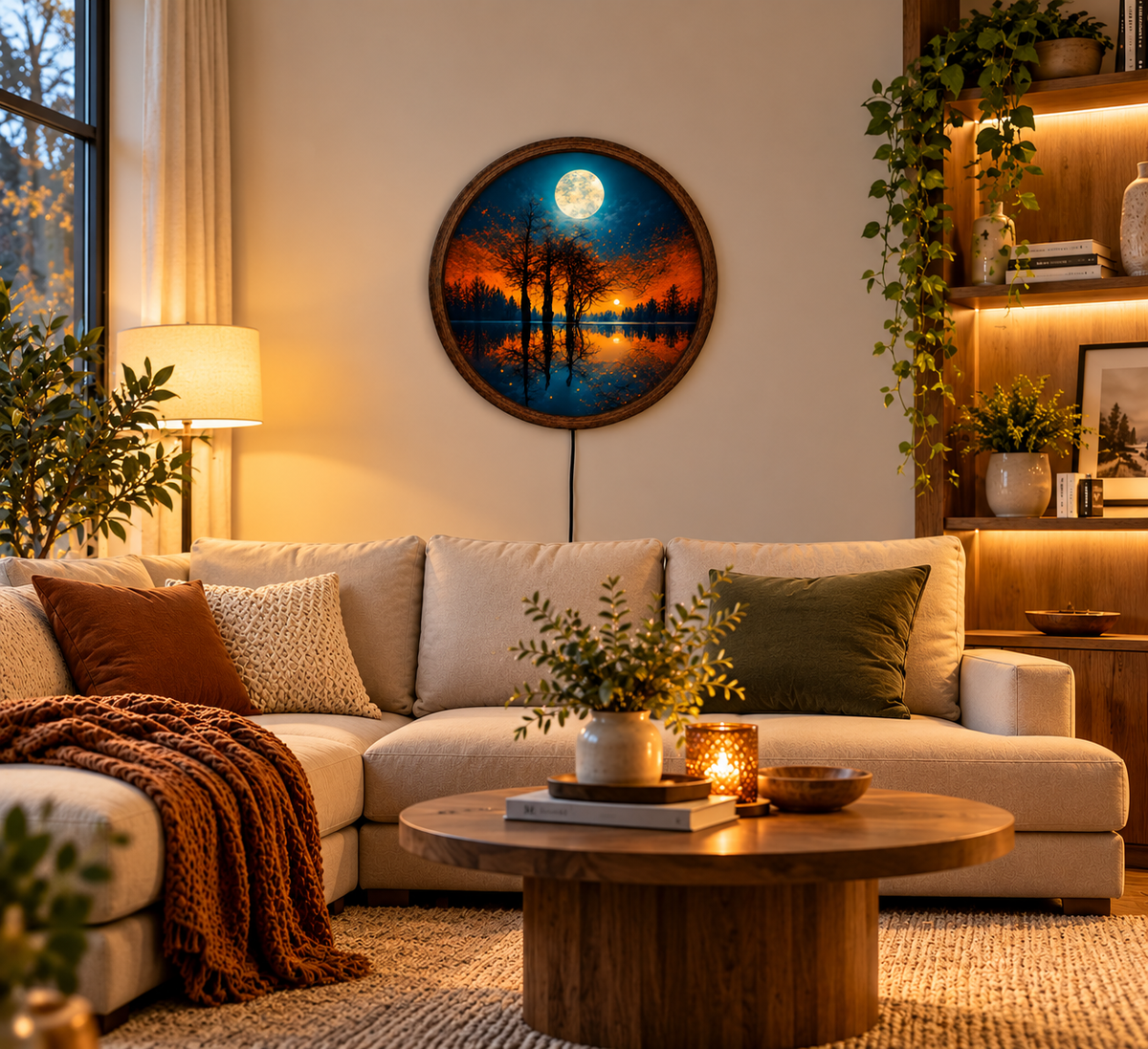 Autumn Moon LED Wall Art, Glowing Full Moon Forest Lake Landscape, Round Lighted Wall Decor, Fall Nature Wall Lamp, Bedroom Gift