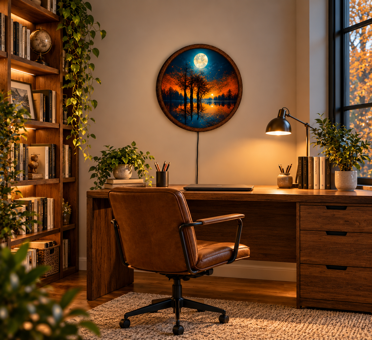 Autumn Moon LED Wall Art, Glowing Full Moon Forest Lake Landscape, Round Lighted Wall Decor, Fall Nature Wall Lamp, Bedroom Gift