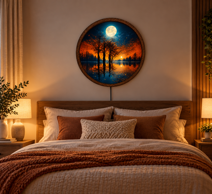 Autumn Moon LED Wall Art, Glowing Full Moon Forest Lake Landscape, Round Lighted Wall Decor, Fall Nature Wall Lamp, Bedroom Gift