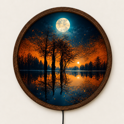 Autumn Moon LED Wall Art, Glowing Full Moon Forest Lake Landscape, Round Lighted Wall Decor, Fall Nature Wall Lamp, Bedroom Gift