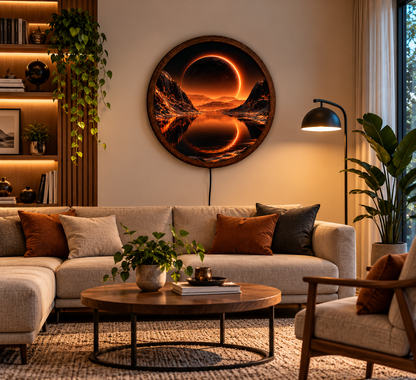 Solar Eclipse LED Wall Art, Glowing Orange Eclipse Mountain Lake, Round Lighted Wall Decor, Celestial Landscape Lamp, Bedroom Gift