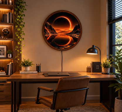 Solar Eclipse LED Wall Art, Glowing Orange Eclipse Mountain Lake, Round Lighted Wall Decor, Celestial Landscape Lamp, Bedroom Gift