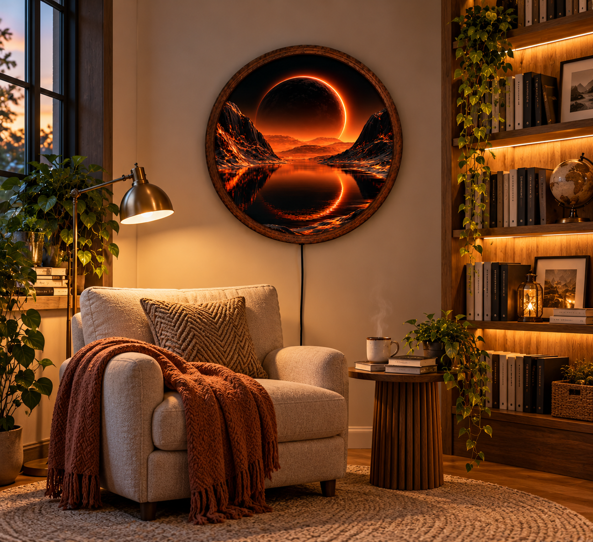 Solar Eclipse LED Wall Art, Glowing Orange Eclipse Mountain Lake, Round Lighted Wall Decor, Celestial Landscape Lamp, Bedroom Gift