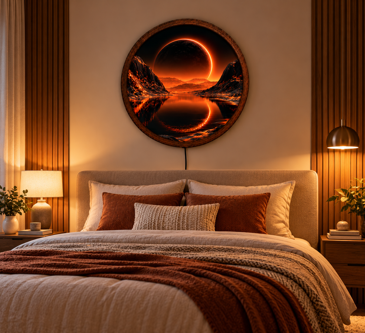 Solar Eclipse LED Wall Art, Glowing Orange Eclipse Mountain Lake, Round Lighted Wall Decor, Celestial Landscape Lamp, Bedroom Gift