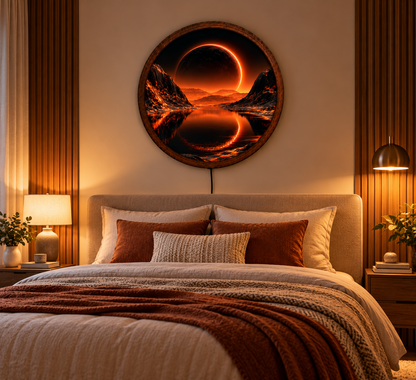 Solar Eclipse LED Wall Art, Glowing Orange Eclipse Mountain Lake, Round Lighted Wall Decor, Celestial Landscape Lamp, Bedroom Gift