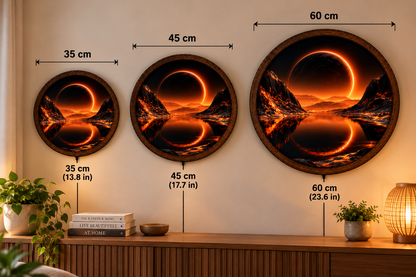 Solar Eclipse LED Wall Art, Glowing Orange Eclipse Mountain Lake, Round Lighted Wall Decor, Celestial Landscape Lamp, Bedroom Gift