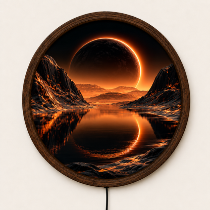 Solar Eclipse LED Wall Art, Glowing Orange Eclipse Mountain Lake, Round Lighted Wall Decor, Celestial Landscape Lamp, Bedroom Gift