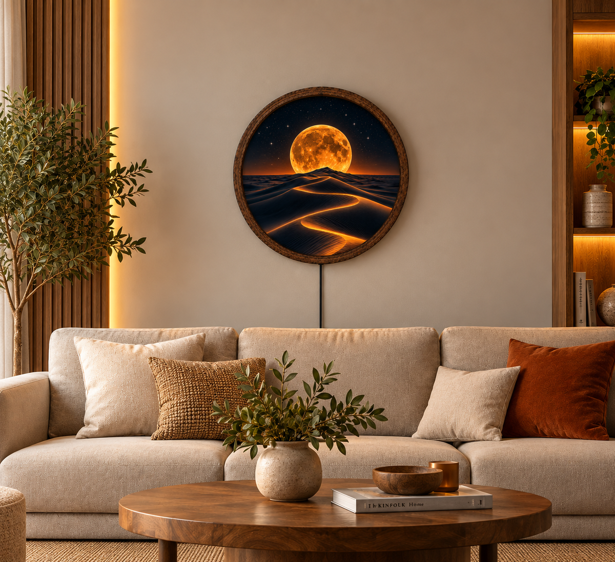 Golden Moon Desert LED Wall Art, Glowing Sand Dunes Landscape, Round Illuminated Wall Decor, Celestial Moonlight Lamp