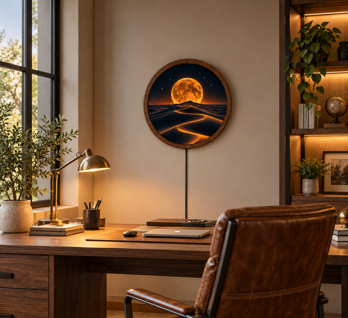 Golden Moon Desert LED Wall Art, Glowing Sand Dunes Landscape, Round Illuminated Wall Decor, Celestial Moonlight Lamp