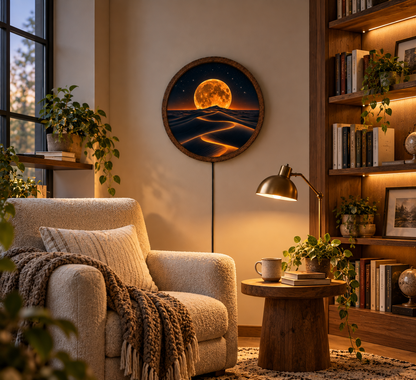 Golden Moon Desert LED Wall Art, Glowing Sand Dunes Landscape, Round Illuminated Wall Decor, Celestial Moonlight Lamp