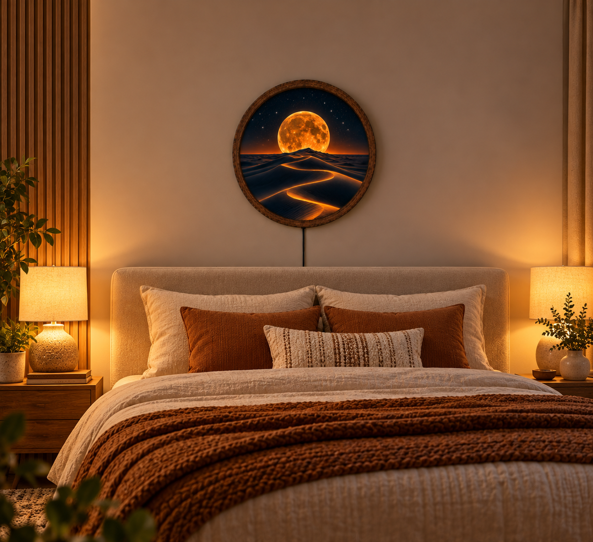 Golden Moon Desert LED Wall Art, Glowing Sand Dunes Landscape, Round Illuminated Wall Decor, Celestial Moonlight Lamp
