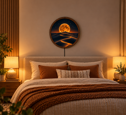 Golden Moon Desert LED Wall Art, Glowing Sand Dunes Landscape, Round Illuminated Wall Decor, Celestial Moonlight Lamp