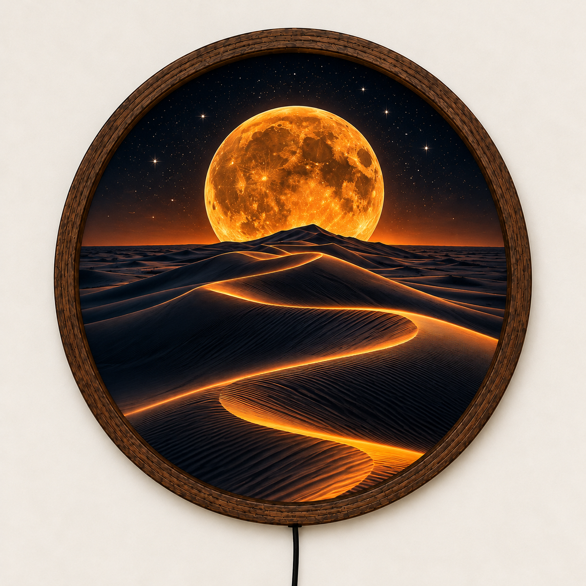 Golden Moon Desert LED Wall Art, Glowing Sand Dunes Landscape, Round Illuminated Wall Decor, Celestial Moonlight Lamp