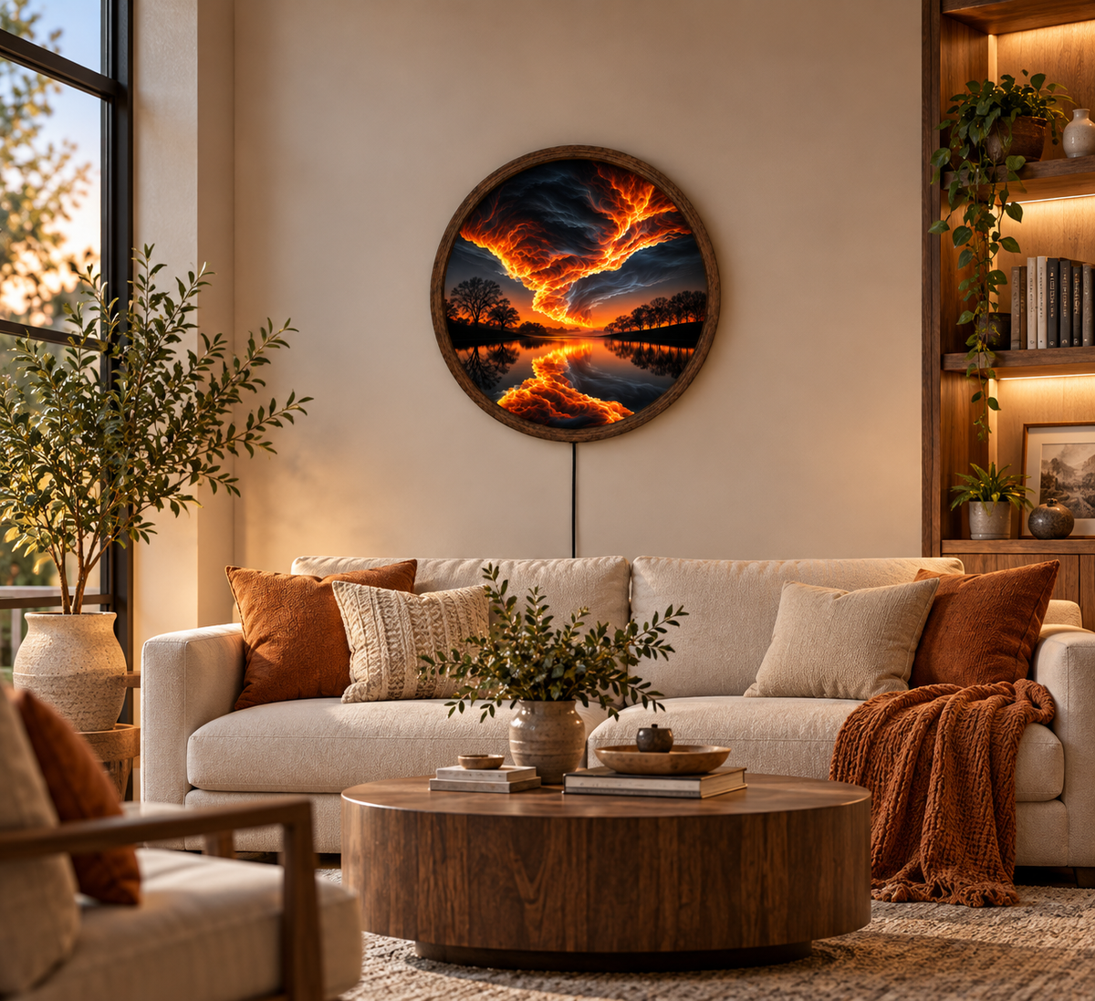 Fiery Storm LED Wall Art, Glowing Lightning Sky and Lake Landscape, Round Illuminated Wall Decor, Dramatic Sunset Wall Light, Bedroom Decor