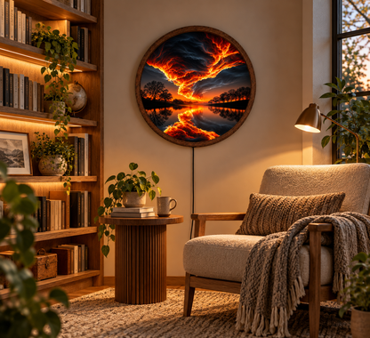Fiery Storm LED Wall Art, Glowing Lightning Sky and Lake Landscape, Round Illuminated Wall Decor, Dramatic Sunset Wall Light, Bedroom Decor