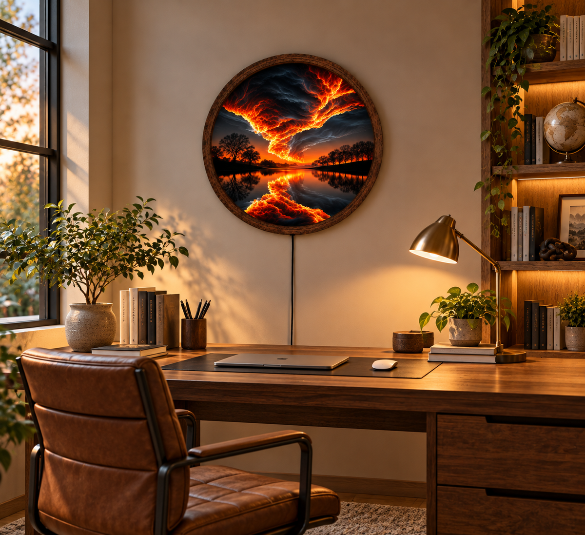 Fiery Storm LED Wall Art, Glowing Lightning Sky and Lake Landscape, Round Illuminated Wall Decor, Dramatic Sunset Wall Light, Bedroom Decor
