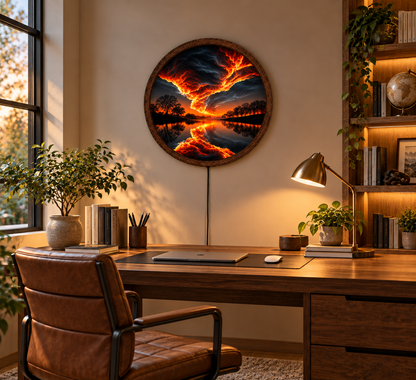 Fiery Storm LED Wall Art, Glowing Lightning Sky and Lake Landscape, Round Illuminated Wall Decor, Dramatic Sunset Wall Light, Bedroom Decor
