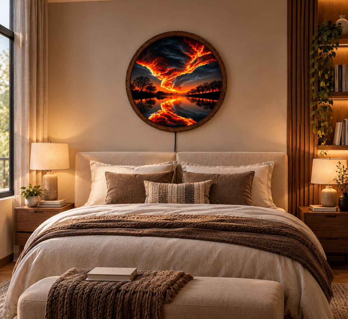 Fiery Storm LED Wall Art, Glowing Lightning Sky and Lake Landscape, Round Illuminated Wall Decor, Dramatic Sunset Wall Light, Bedroom Decor