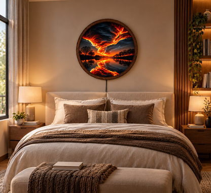 Fiery Storm LED Wall Art, Glowing Lightning Sky and Lake Landscape, Round Illuminated Wall Decor, Dramatic Sunset Wall Light, Bedroom Decor