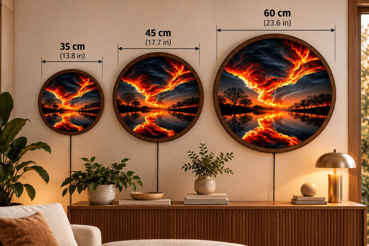 Fiery Storm LED Wall Art, Glowing Lightning Sky and Lake Landscape, Round Illuminated Wall Decor, Dramatic Sunset Wall Light, Bedroom Decor