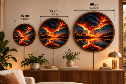 Fiery Storm LED Wall Art, Glowing Lightning Sky and Lake Landscape, Round Illuminated Wall Decor, Dramatic Sunset Wall Light, Bedroom Decor