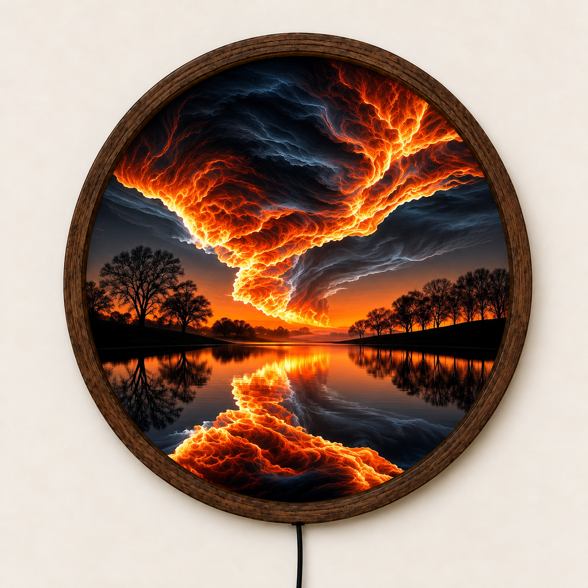 Fiery Storm LED Wall Art, Glowing Lightning Sky and Lake Landscape, Round Illuminated Wall Decor, Dramatic Sunset Wall Light, Bedroom Decor