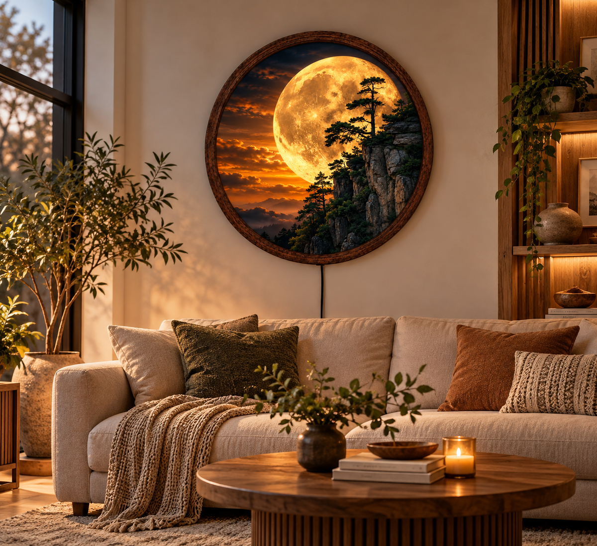 Golden Moon Mountain LED Wall Art, Glowing Full Moon Landscape, Round Illuminated Wall Decor, Pine Forest Cliff Wall Light