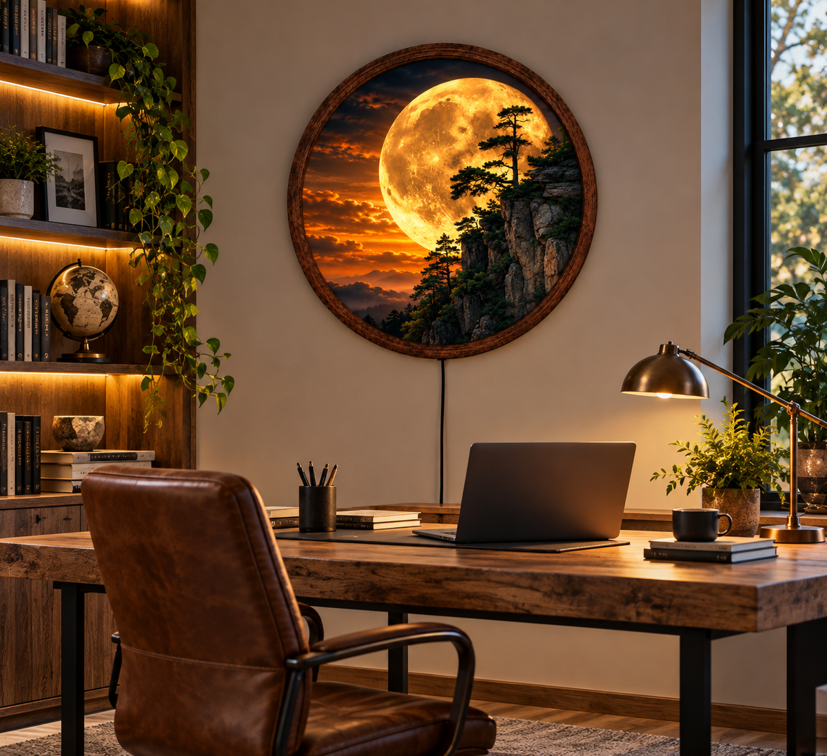 Golden Moon Mountain LED Wall Art, Glowing Full Moon Landscape, Round Illuminated Wall Decor, Pine Forest Cliff Wall Light