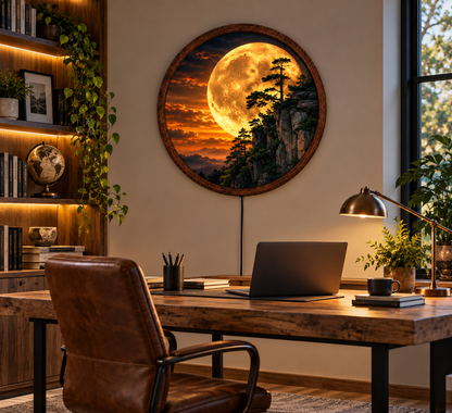 Golden Moon Mountain LED Wall Art, Glowing Full Moon Landscape, Round Illuminated Wall Decor, Pine Forest Cliff Wall Light