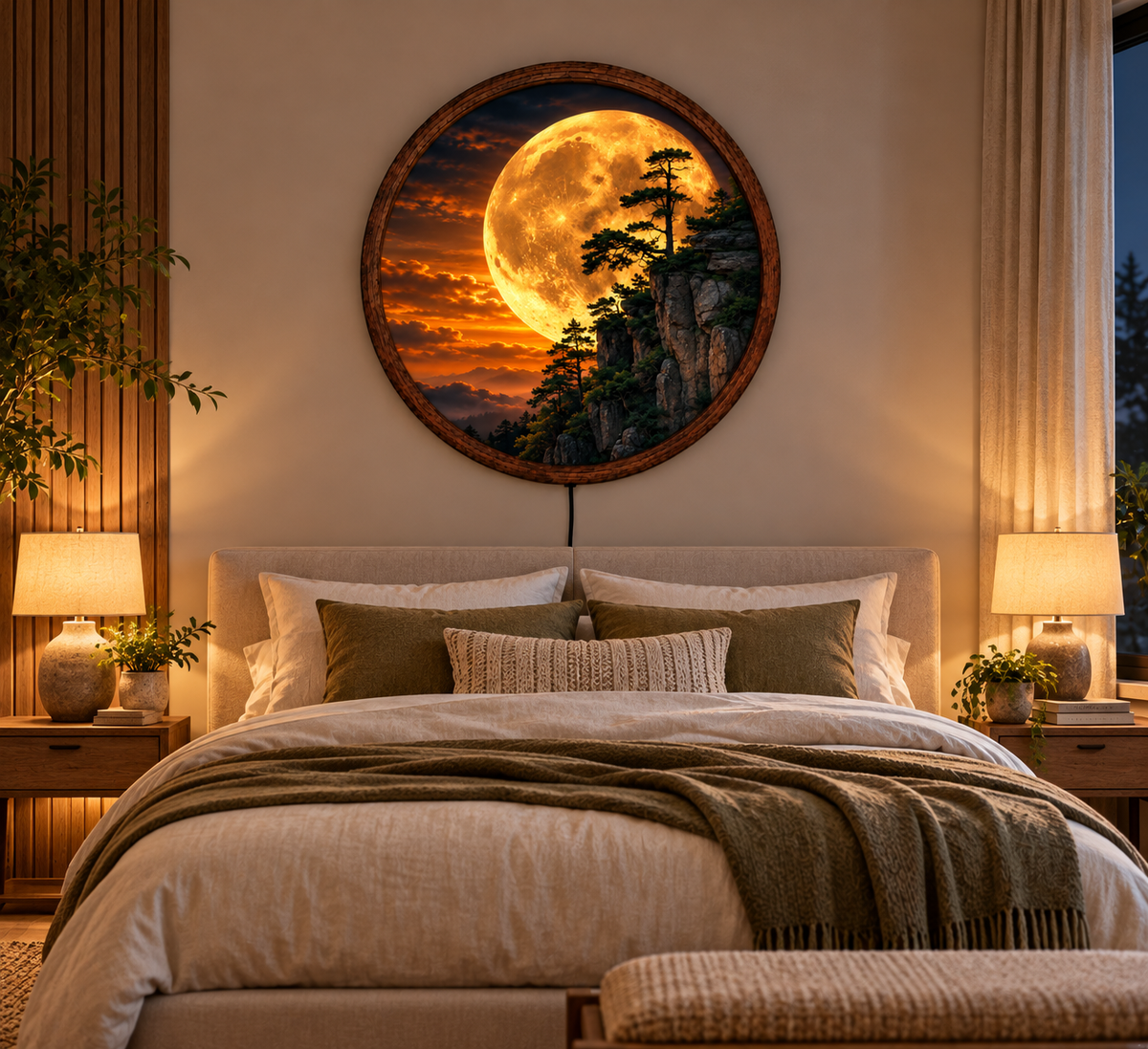 Golden Moon Mountain LED Wall Art, Glowing Full Moon Landscape, Round Illuminated Wall Decor, Pine Forest Cliff Wall Light