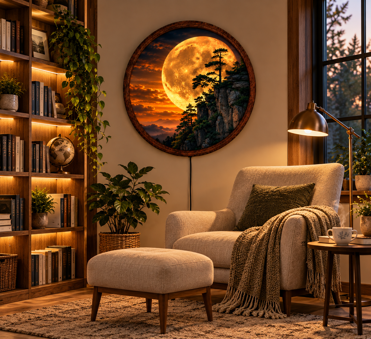Golden Moon Mountain LED Wall Art, Glowing Full Moon Landscape, Round Illuminated Wall Decor, Pine Forest Cliff Wall Light