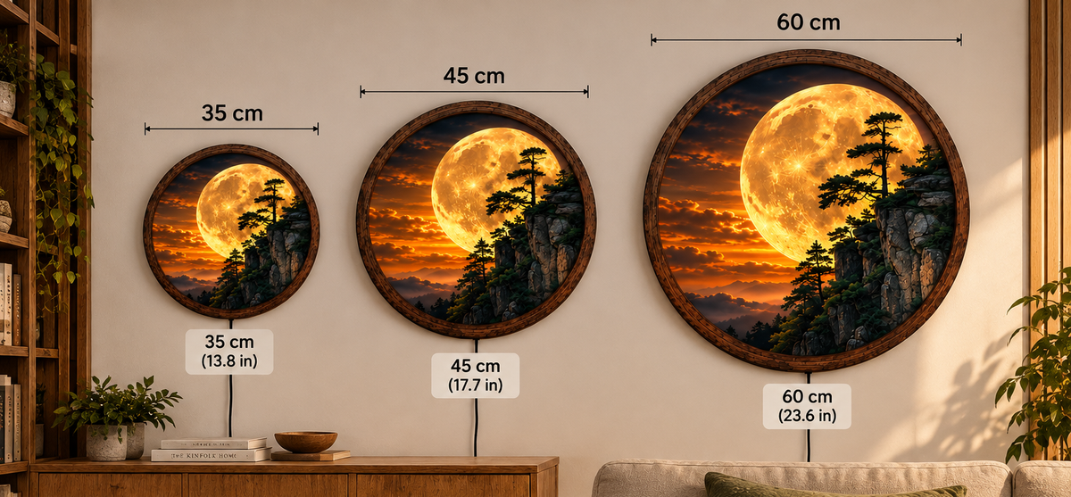 Golden Moon Mountain LED Wall Art, Glowing Full Moon Landscape, Round Illuminated Wall Decor, Pine Forest Cliff Wall Light