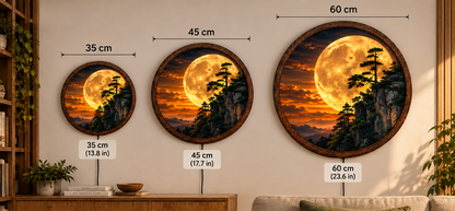 Golden Moon Mountain LED Wall Art, Glowing Full Moon Landscape, Round Illuminated Wall Decor, Pine Forest Cliff Wall Light