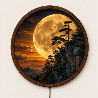 Golden Moon Mountain LED Wall Art, Glowing Full Moon Landscape, Round Illuminated Wall Decor, Pine Forest Cliff Wall Light