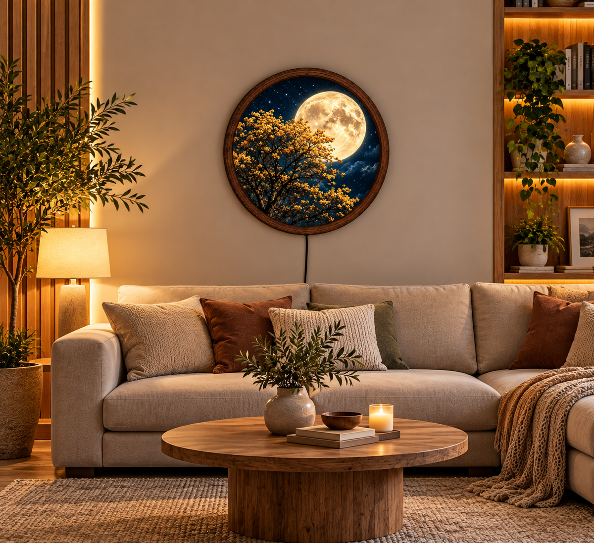Golden Moon Flower Tree LED Wall Art, Glowing Yellow Blossoms and Full Moon, Round Illuminated Wall Decor
