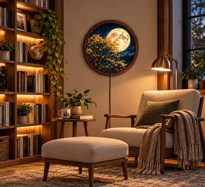 Golden Moon Flower Tree LED Wall Art, Glowing Yellow Blossoms and Full Moon, Round Illuminated Wall Decor